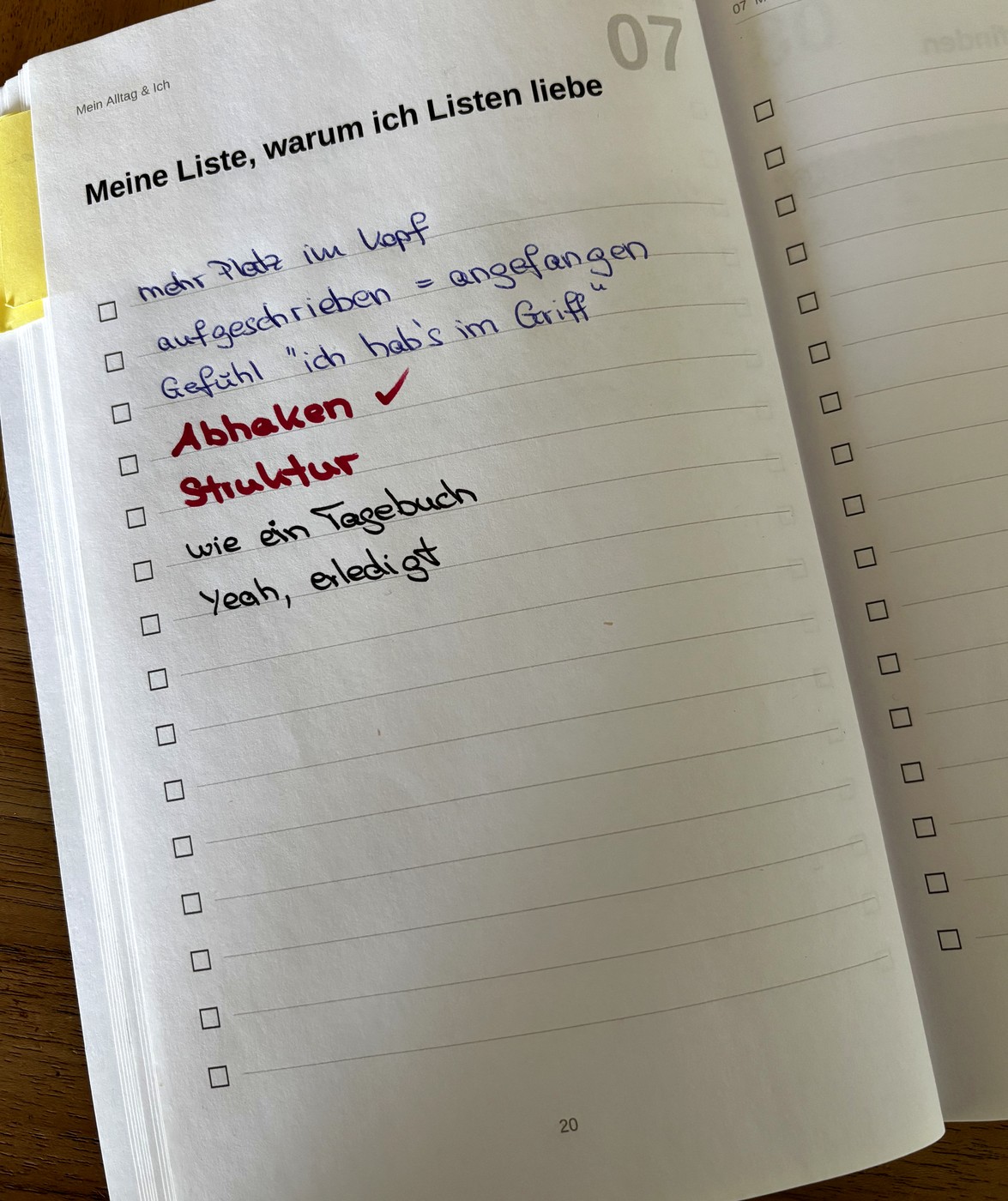 Ausgefüllte Seite: Meine Liste, warum ich Listen liebe